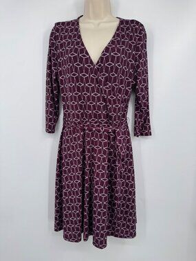 41 Hawthorn Renesmee Fit Flare Dress Burgundy Geo 3/4 Sleeve V Neck Belt Large b